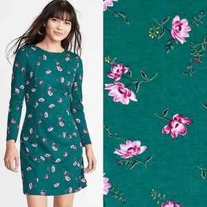 OLD NAVY Long Sleeve Ponte Knit Shirred Sleeve Sheath Dress Green Floral Fall XS